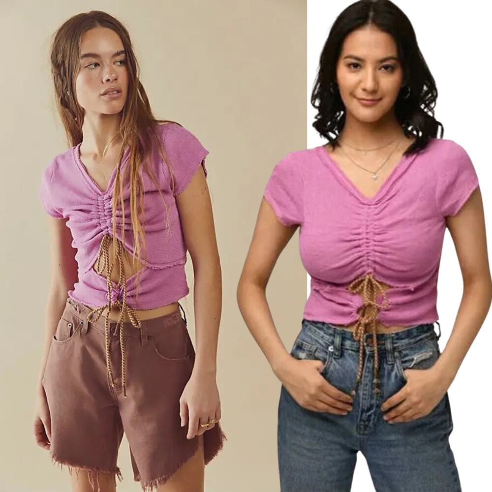 NEW Free People Hot Mesh Reversable Tie Cord Cut Out Tee Pink Sz Medium Gorpcore